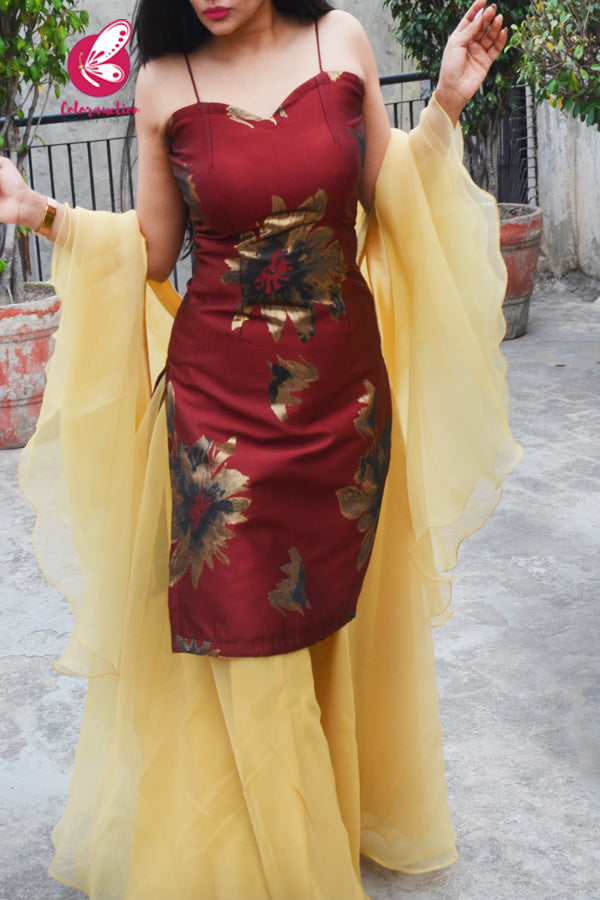Rust Maroon Brocade Padded Kurta with Golden Organza Sharara and Golden Organza Three-Tier Ruffle Stole