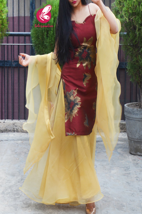 Rust Maroon Brocade Padded Kurta with Golden Organza Sharara and Golden Organza Three-Tier Ruffle Stole