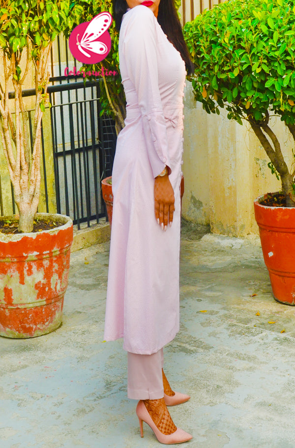 Baby Pink Printed Cotton Silk Kurti with Pink Strechable Pants Kurti Set