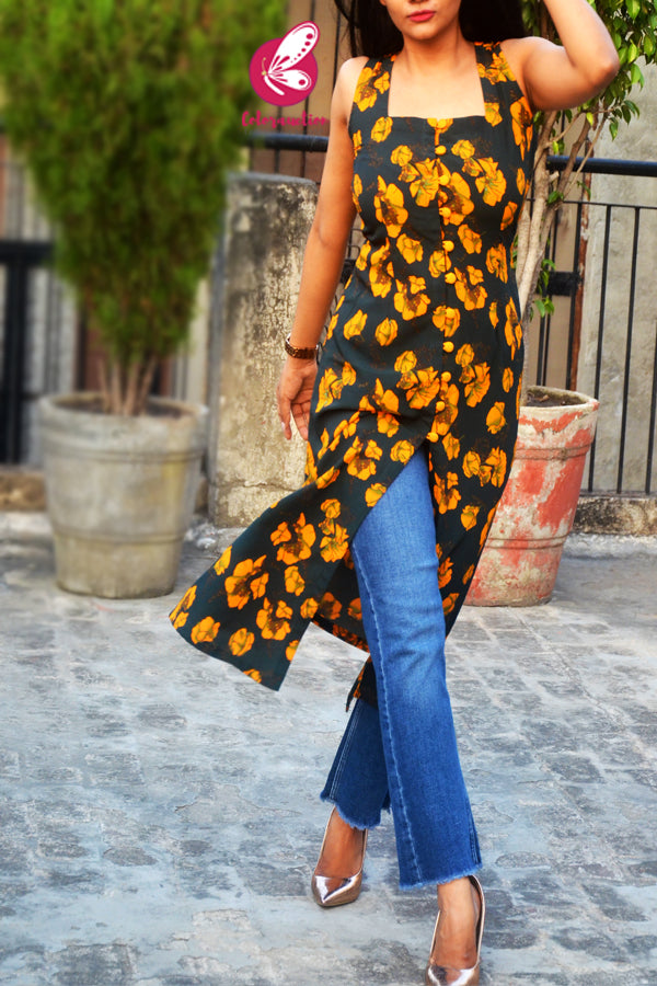 Green Bubble Front Slit Floral Kurti