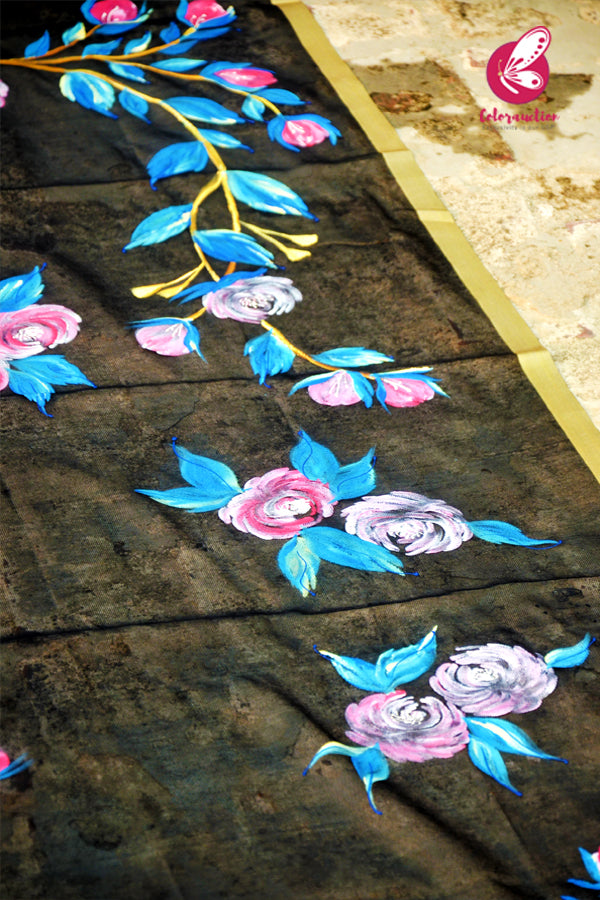 Black Pure Organza Multicoloured Floral Hand painted Stole