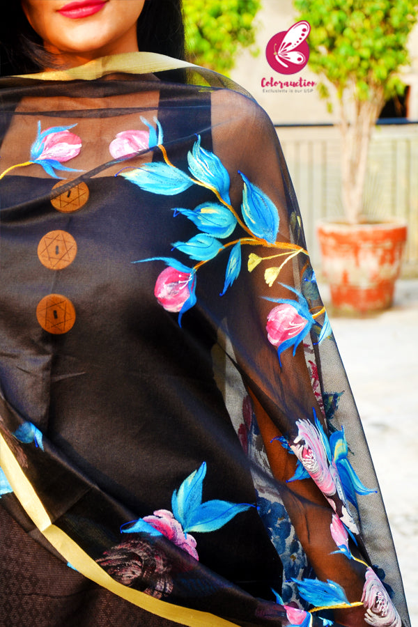 Black Pure Organza Multicoloured Floral Hand painted Stole
