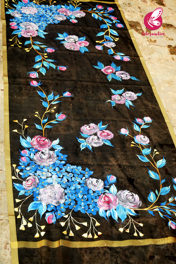 Black Pure Organza Multicoloured Floral Hand painted Stole