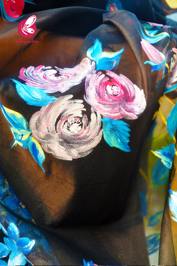 Black Pure Organza Multicoloured Floral Hand painted Stole