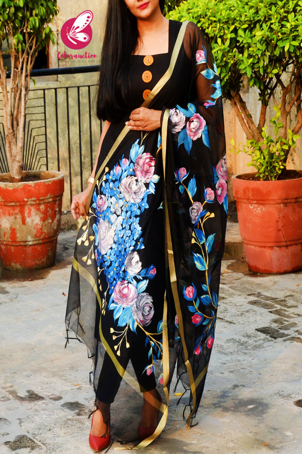 Black Pure Organza Multicoloured Floral Hand painted Stole