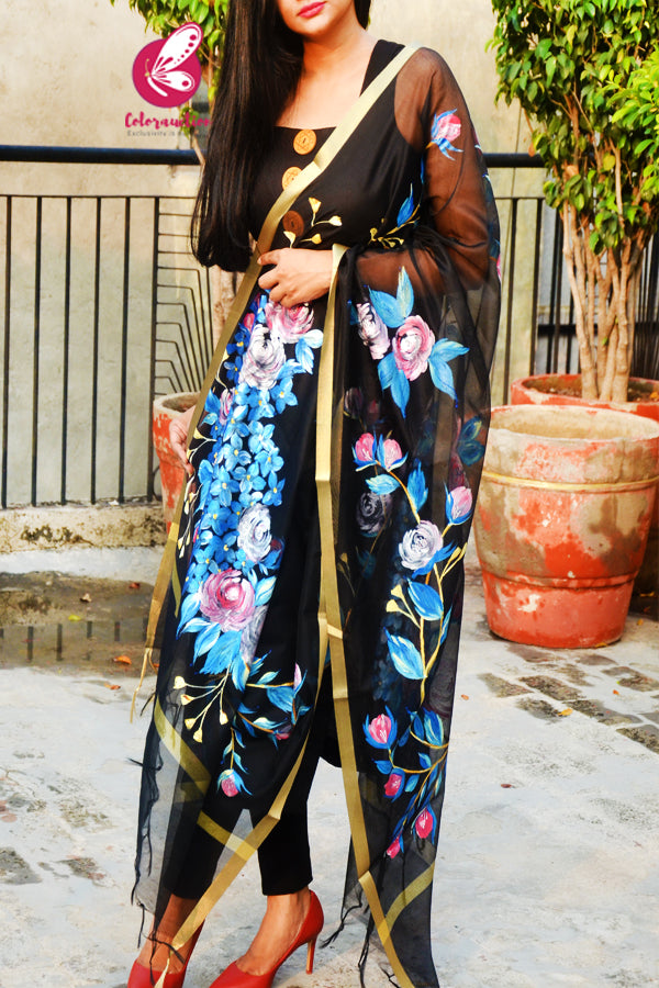 Black Pure Organza Multicoloured Floral Hand painted Stole