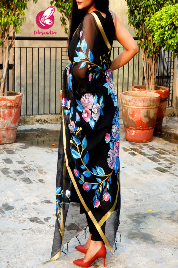 Black Pure Organza Multicoloured Floral Hand painted Stole