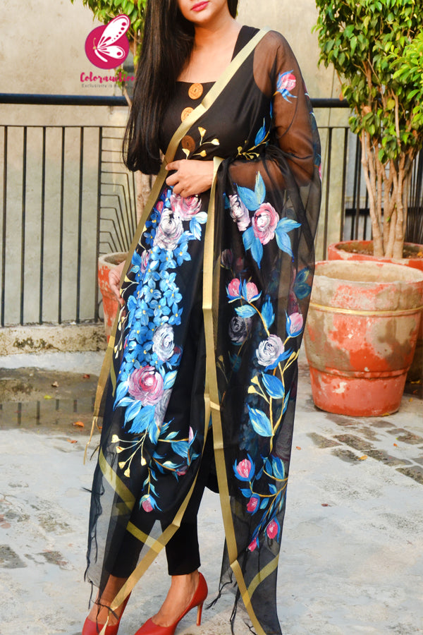 Black Pure Organza Multicoloured Floral Hand painted Stole