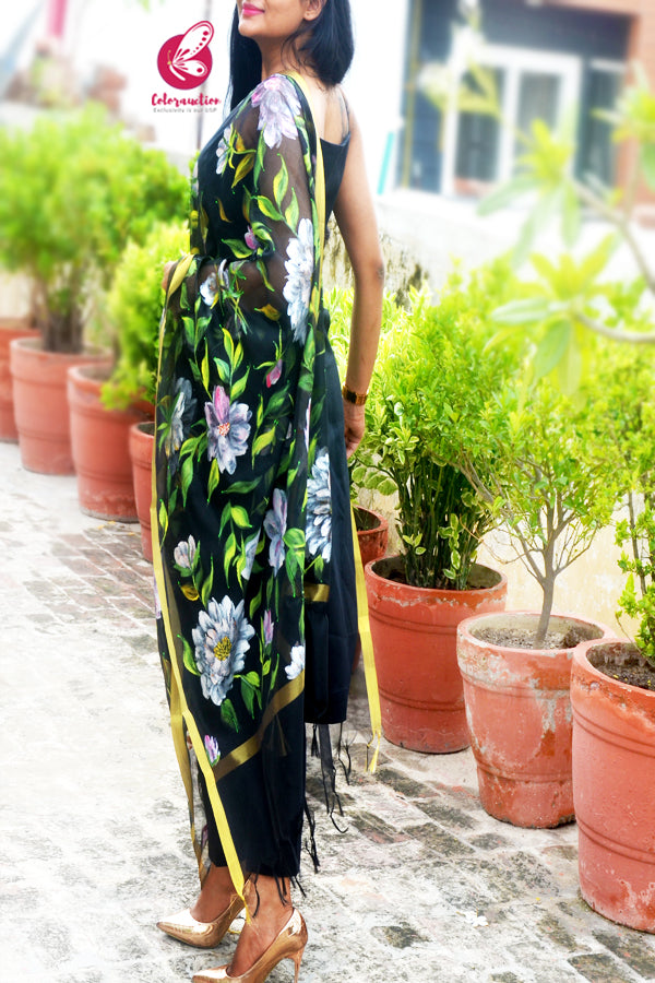 Black Pure Organza Handpainted Colorful Floral Stole