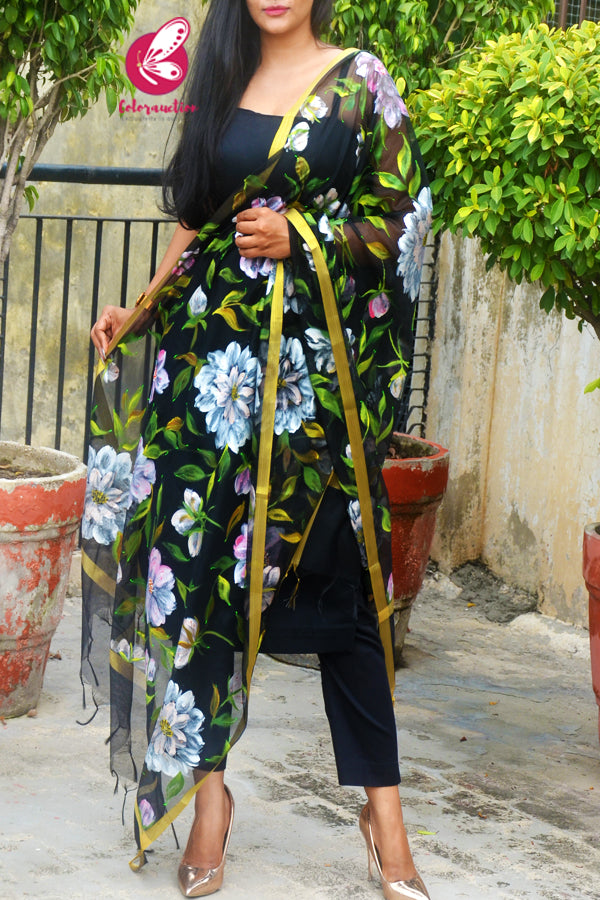 Black Pure Organza Handpainted Colorful Floral Stole