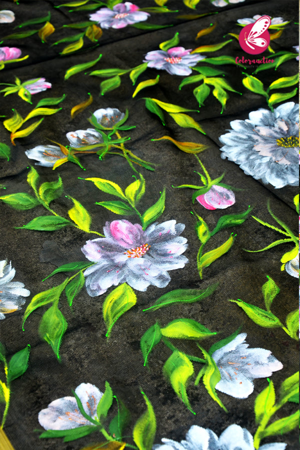 Black Pure Organza Handpainted Colorful Floral Stole