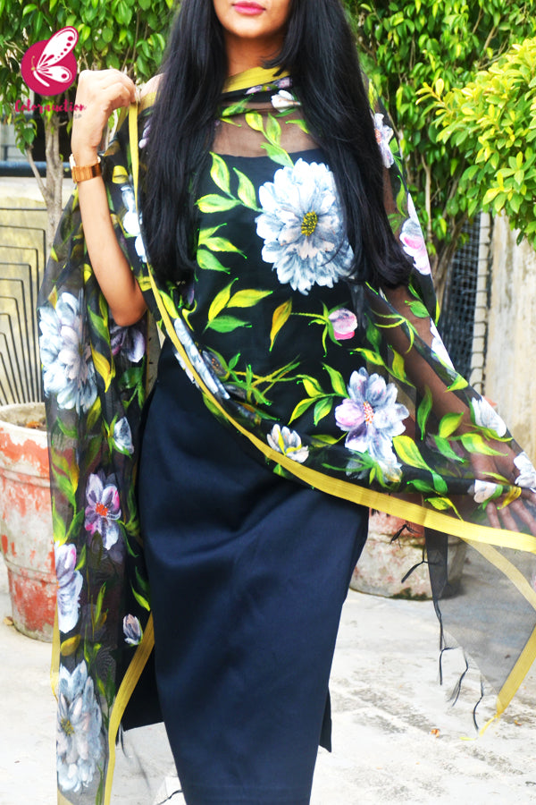 Black Pure Organza Handpainted Colorful Floral Stole