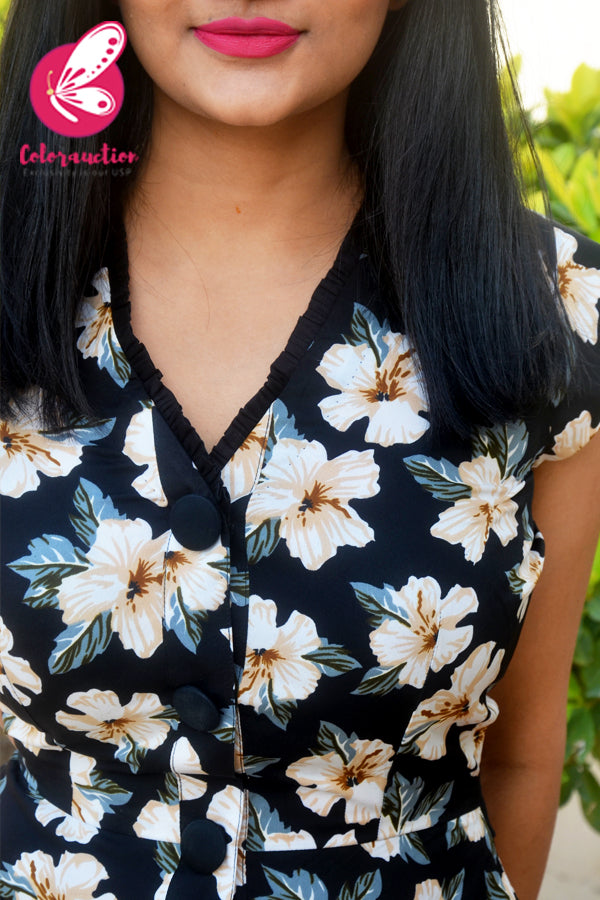 Black &amp; White Printed Floral Crepe Short Dress