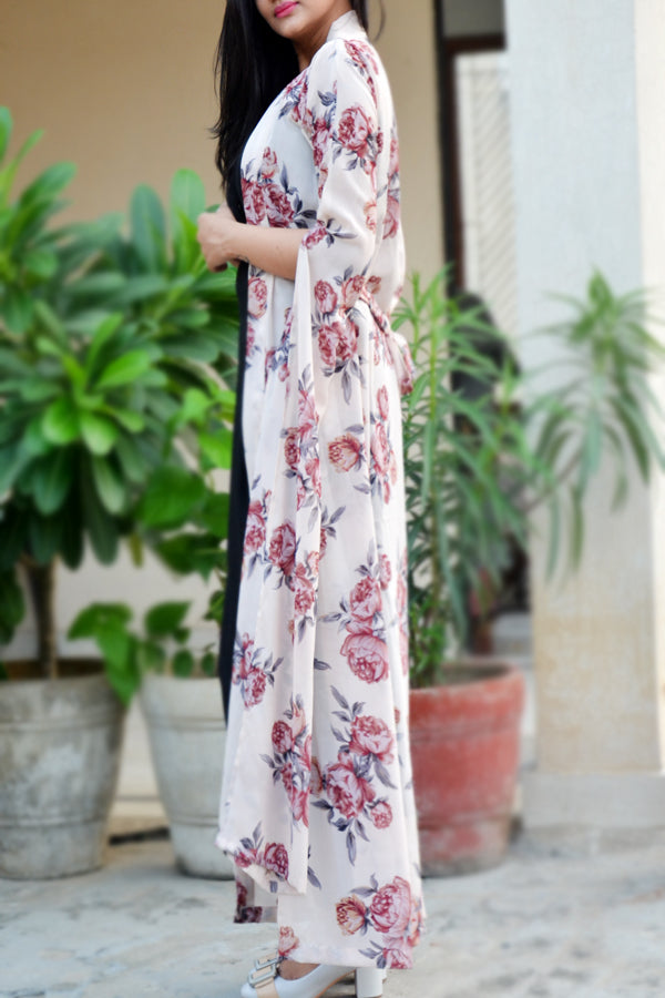 Off White Georgette Printed Floral Shrug
