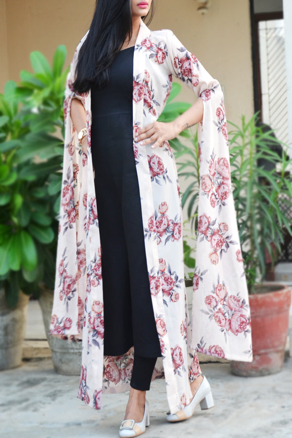 Off White Georgette Printed Floral Shrug