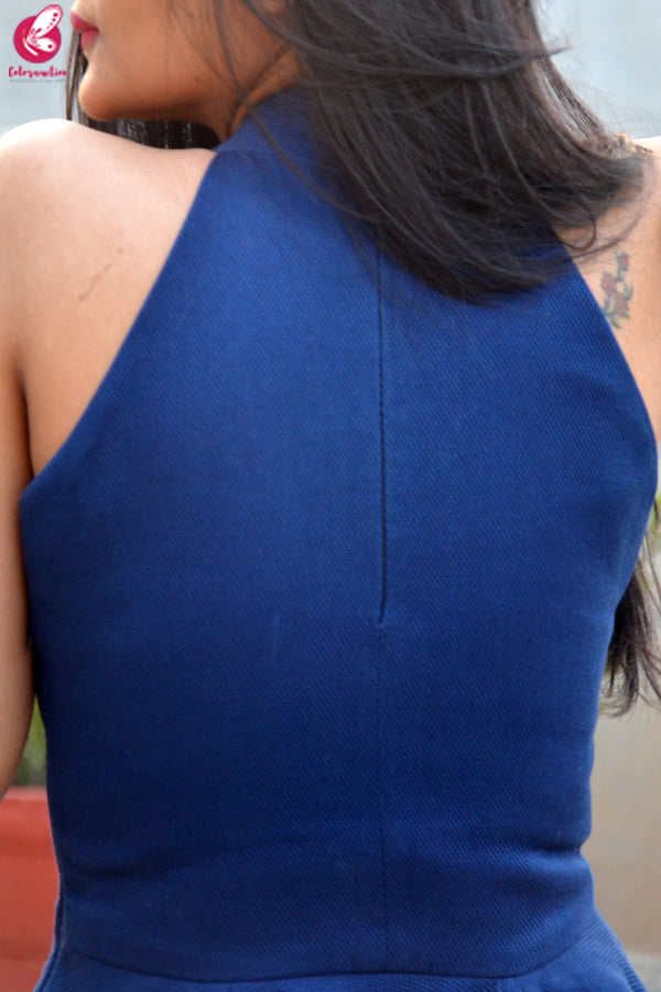 Blue Turtle Neck Padded Sleeveless Short Dress