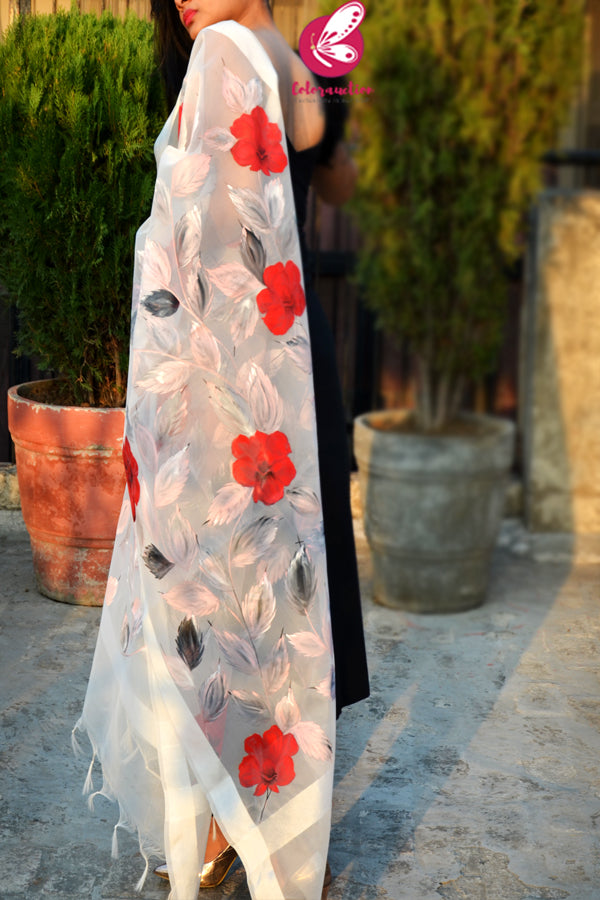 Off White Red Floral Pure Organza Floral Handpainted Stole