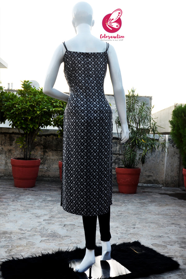 Black &amp; White Printed Cotton Strappy Kurti