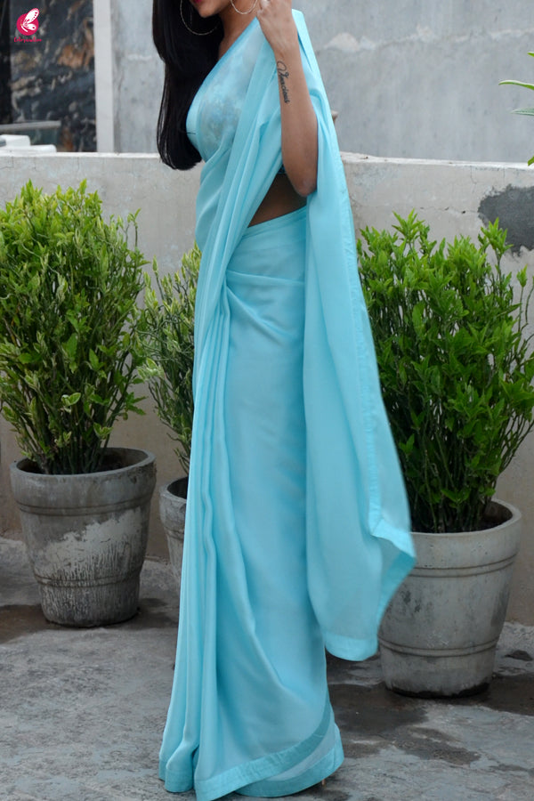 Pastel Sky Blue Silk Georgette Taping Saree
