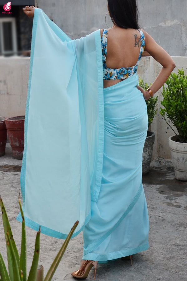 Pastel Sky Blue Silk Georgette Taping Saree