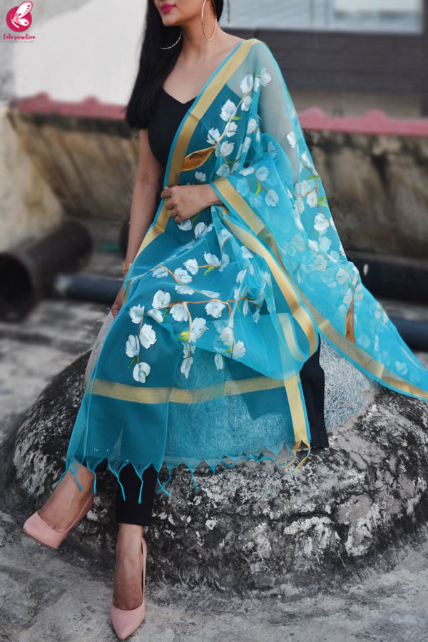 Sky Blue Oraganza Handpainted Floral Stole