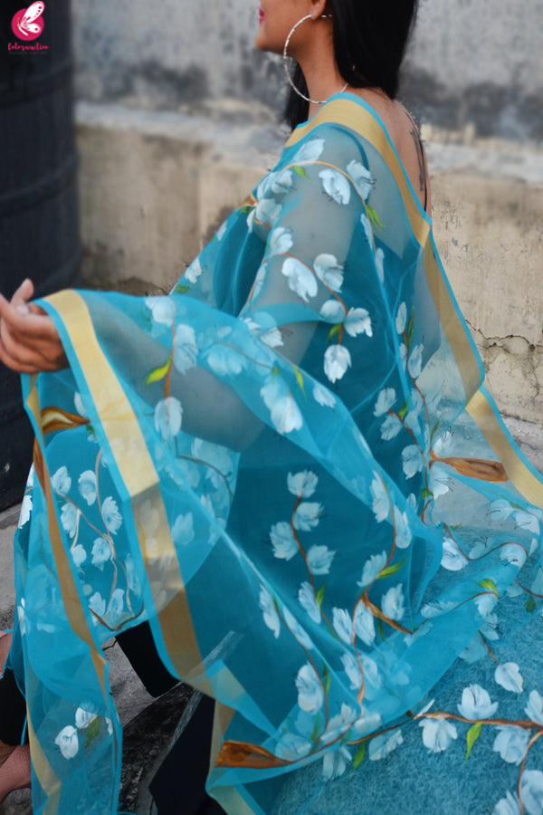 Sky Blue Oraganza Handpainted Floral Stole