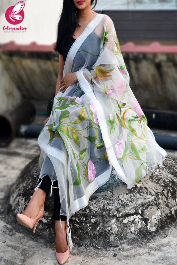 White Organza Hand painted Floral Stole
