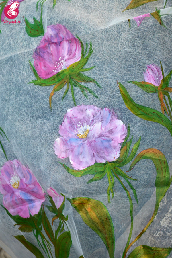 White Organza Hand painted Floral Stole
