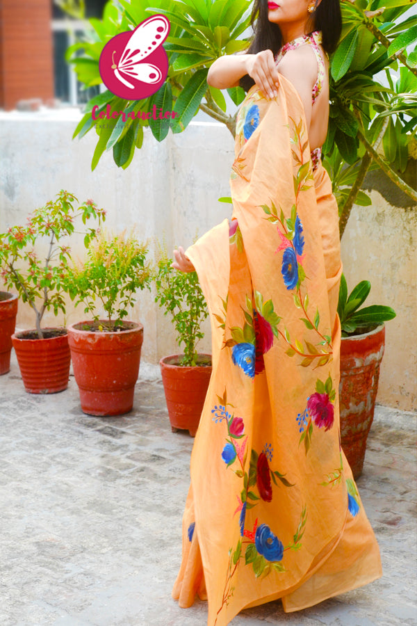 Multicoloured Hand-painted Floral Organdy Saree