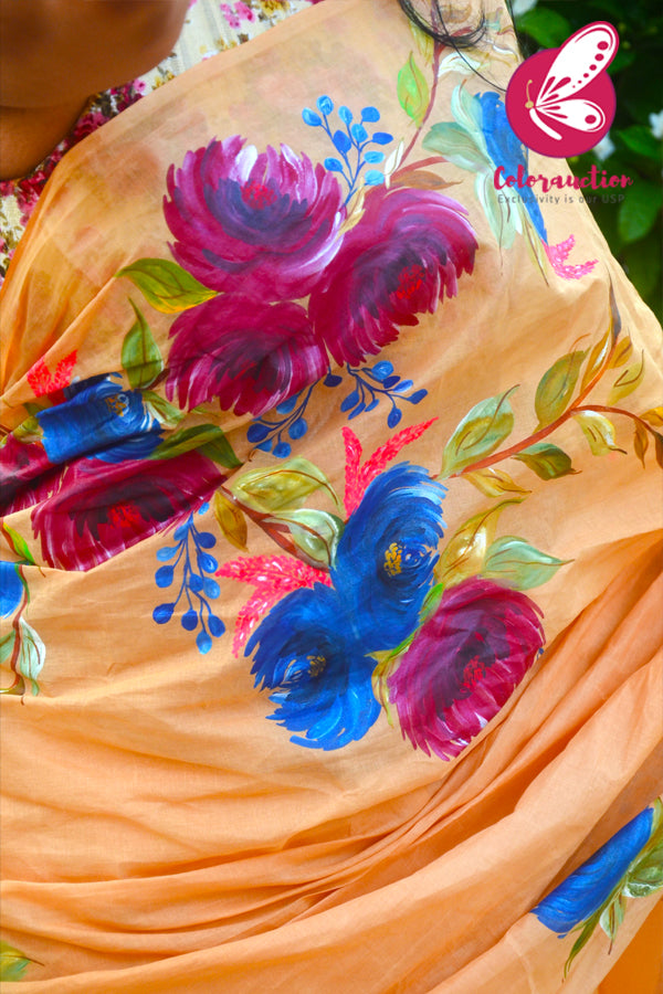 Multicoloured Hand-painted Floral Organdy Saree