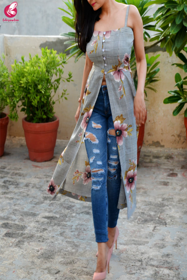 Multicolored Printed Strappy Crepe Straight Fit Kurti