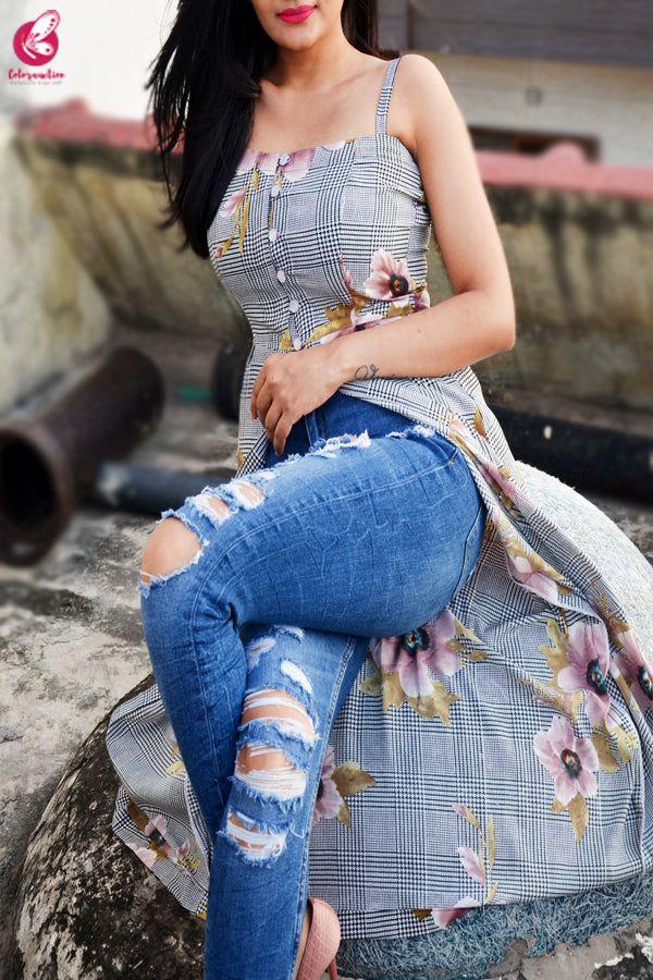 Multicolored Printed Strappy Crepe Straight Fit Kurti