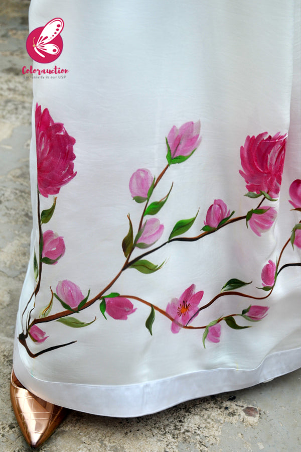 White Hand-painted Silk Crepe White Satin Taping Saree with Maroon Crepe Handwork Blouse Piece