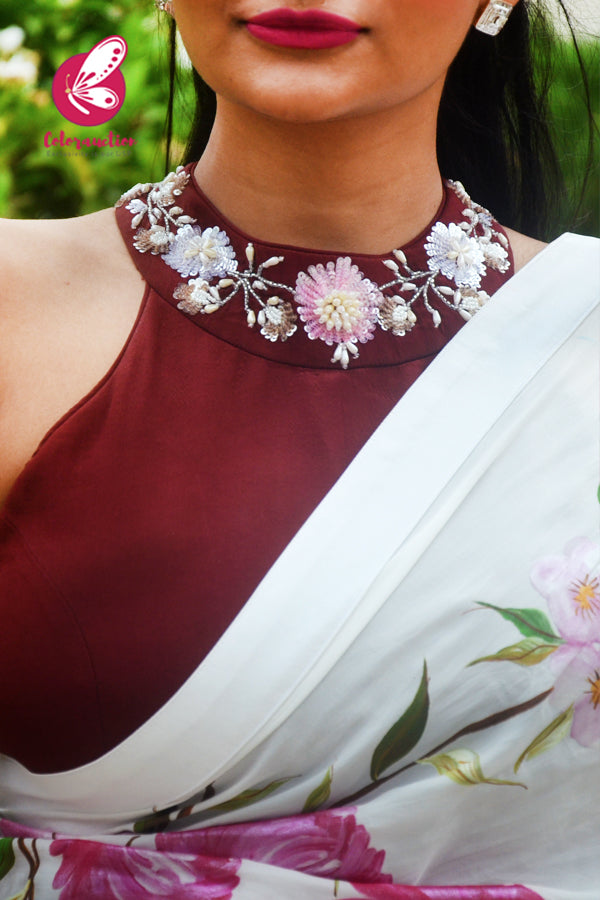 White Hand-painted Silk Crepe White Satin Taping Saree with Maroon Crepe Handwork Blouse Piece