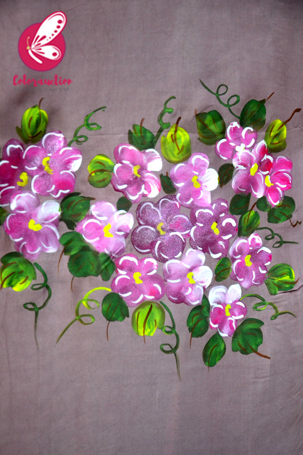 Mauvish Hand Painted Floral Pure Silk Chiffon Saree