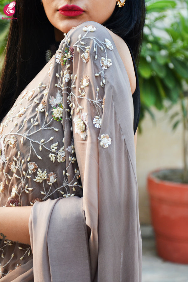 Mauve Grey Pure Silk Chiffon Sequins Pearl Handwork saree