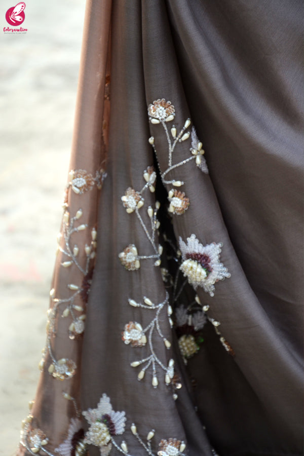 Mauve Grey Pure Silk Chiffon Sequins Pearl Handwork saree