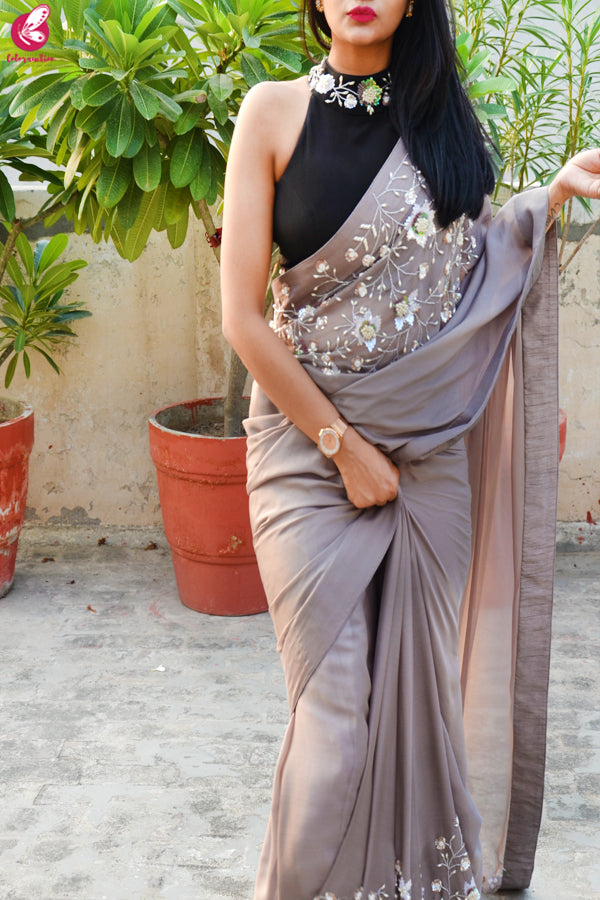 Mauve Grey Pure Silk Chiffon Sequins Pearl Handwork saree