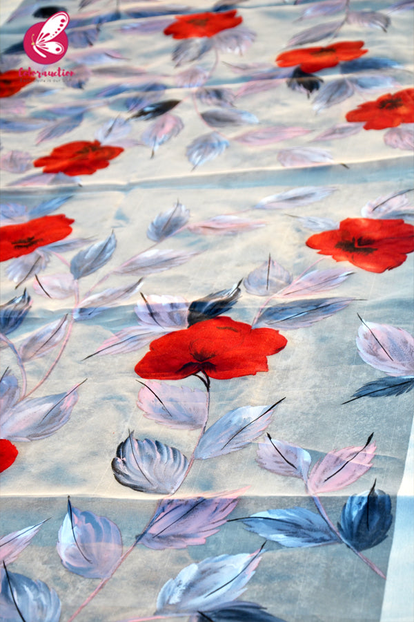 Off White Red Floral Pure Organza Floral Handpainted Stole