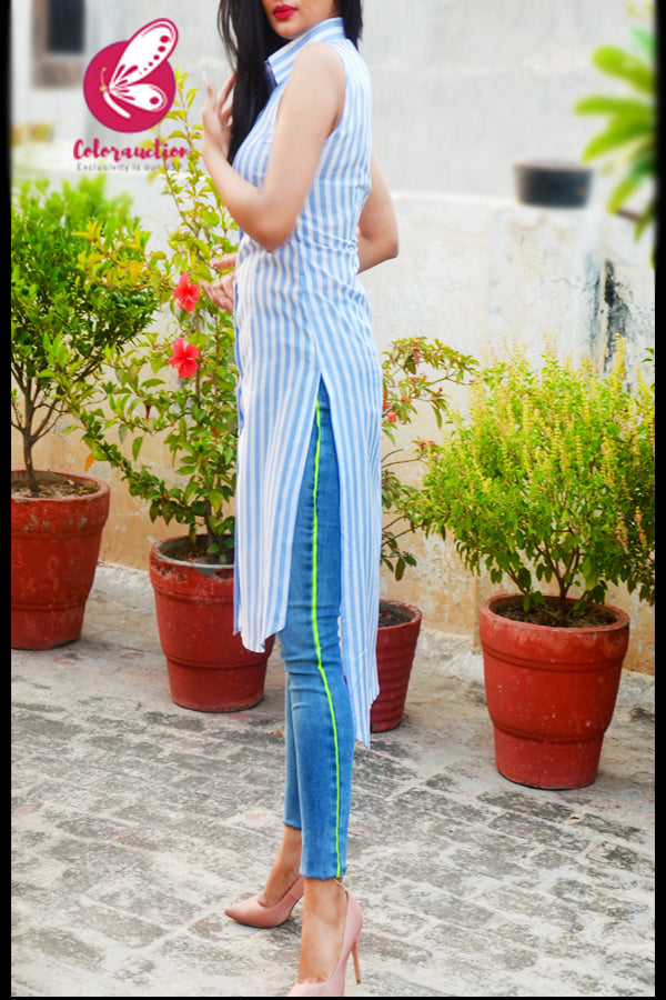 Powder Blue &amp; White Rayon Printed Sleeveless Asymmetric Kurti