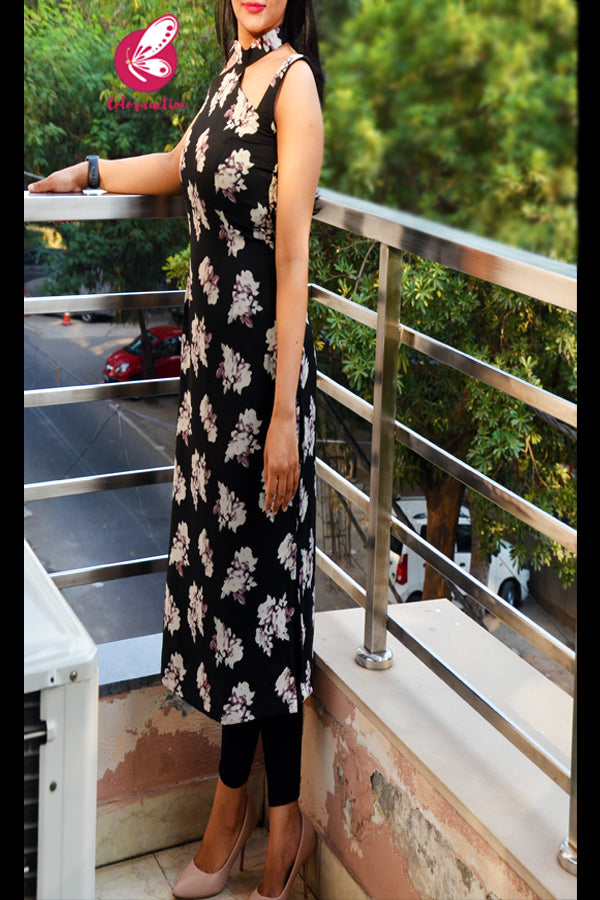 Black &amp; Mauve Sleevelss Printed Crepe Straight Fit Kurti