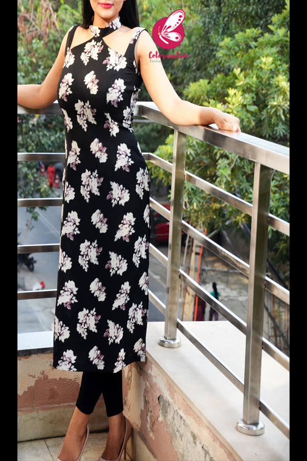 Black & Mauve Sleevelss Printed Crepe Straight Fit Kurti