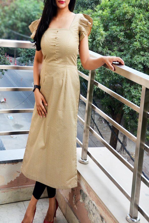 Beige Frill Sleeves Honey Comb Print Cotton Silk Kurti