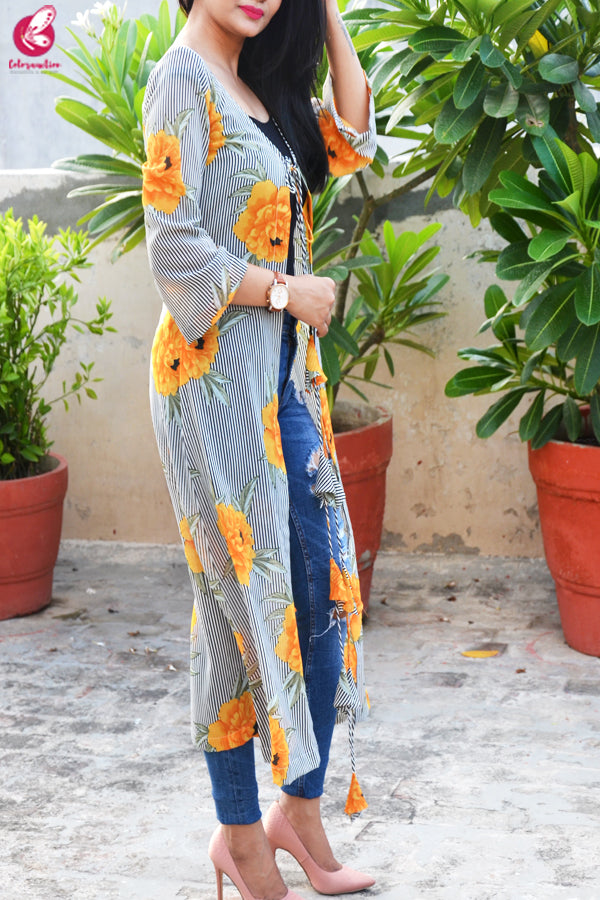 Multicolored Printed Georgette Long Floral Shrug