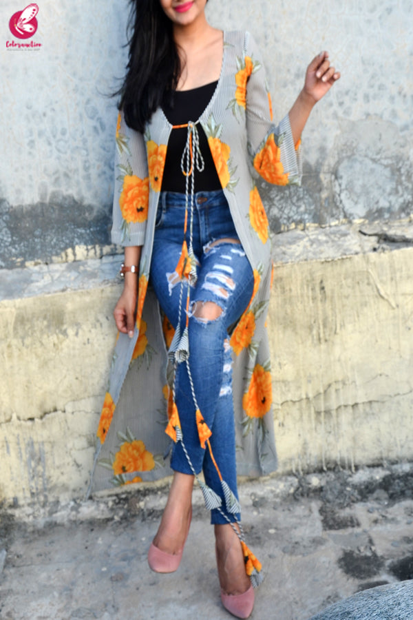 Multicolored Printed Georgette Long Floral Shrug