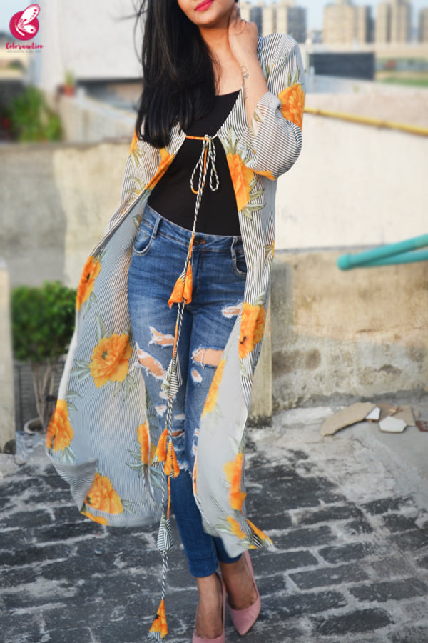 Multicolored Printed Georgette Long Floral Shrug