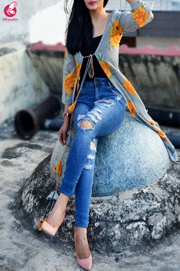 Multicolored Printed Georgette Long Floral Shrug
