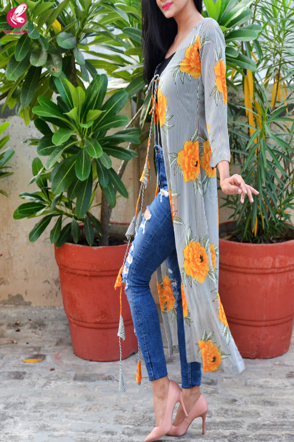 Multicolored Printed Georgette Long Floral Shrug