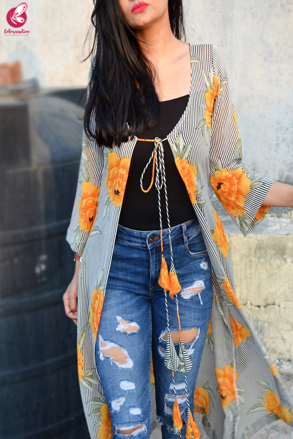 Multicolored Printed Georgette Long Floral Shrug