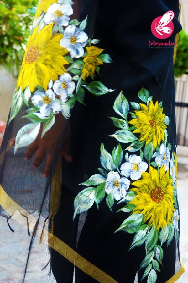 Black Pure Organza Sunflower Hand painted Stole